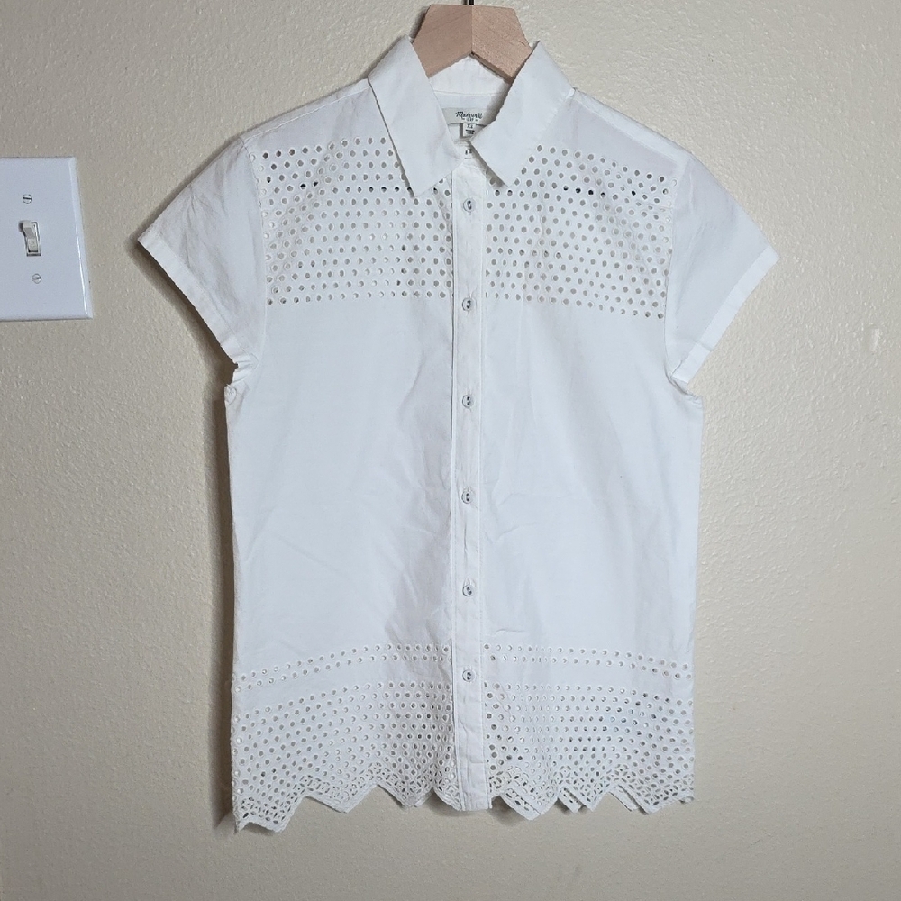 Madewell White Cotton Eyelet Embroidery Camp Shirt Shrunken Fit Scallop Hem XS - Picture 5 of 11